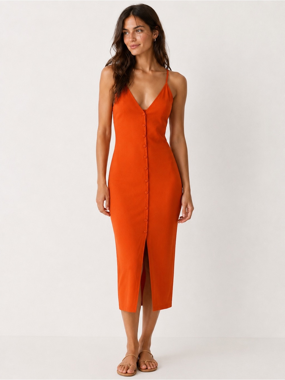 Bold Orange Bodycon Knit Button Front Slit Midi Dress Y2K Hot Girl Vacation Core
